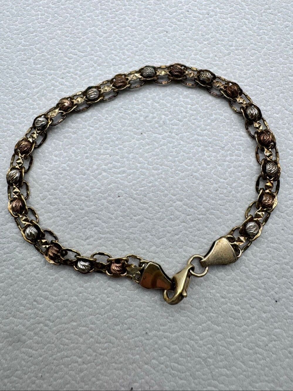 Solid 10K Yellow Gold Tri-color Diamond-Cut Bead Link Bracelet 4.93g Size 6.5